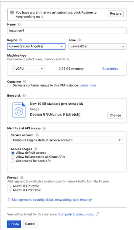The figure shows the preliminary form required to create an instance in cloud console.