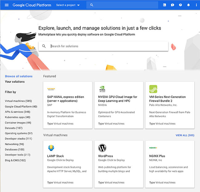 The image shows the main page of cloud launcher. The main page shows some featured solutions, which includes SAP HANA, a NVIDIA deep learning application, and a Palo Alto networks firewall package.