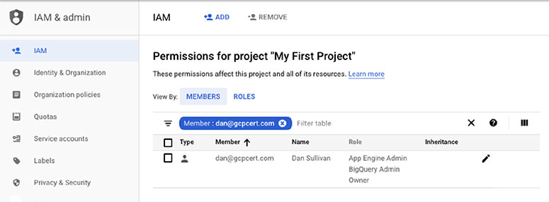 The figure shows a list of identities filtered by member name. In this example, the user dan@gcpcert.com has three roles: App Engine Admin, BigQuery Admin, and Owner.