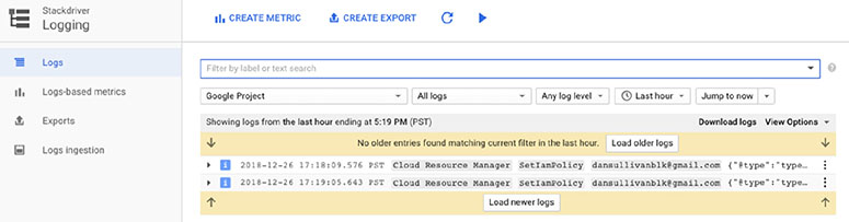 The figure shows the default listing of the Stackdriver Logging page.