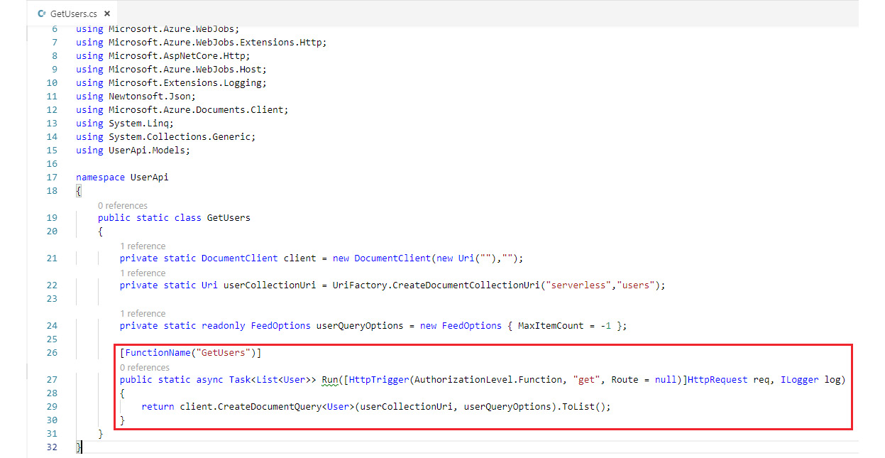 Figure 1.63: Function reading users from Cosmos DB