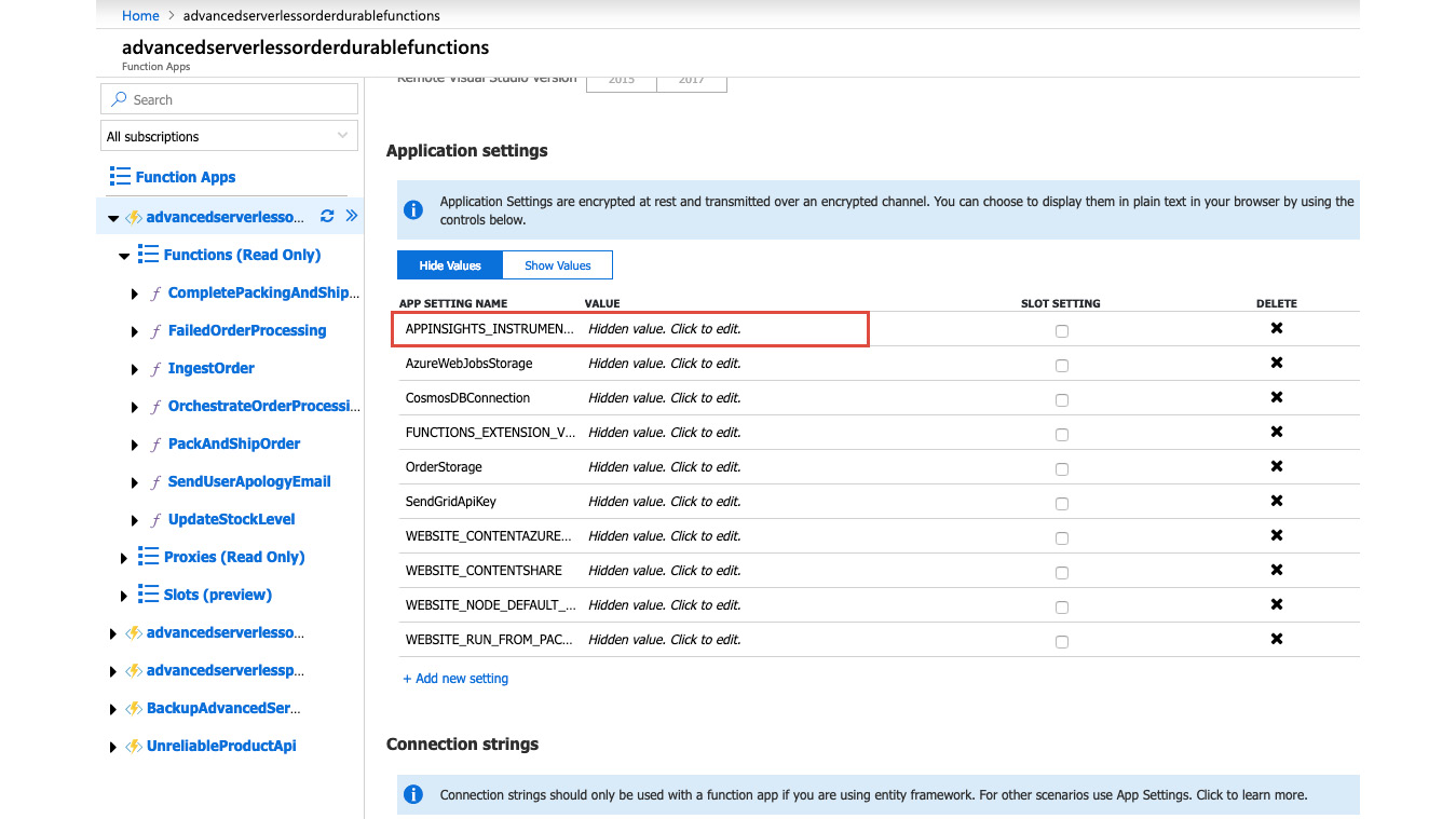 Figure 5.21: Application Settings for the Durable Function