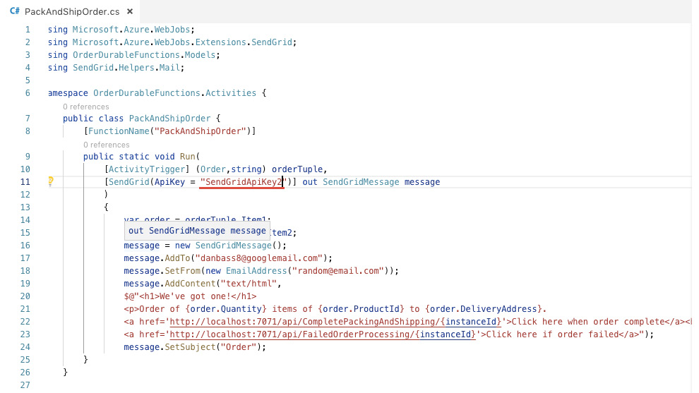 Figure 5.26: Code problem with PackAndShipOrder.cs