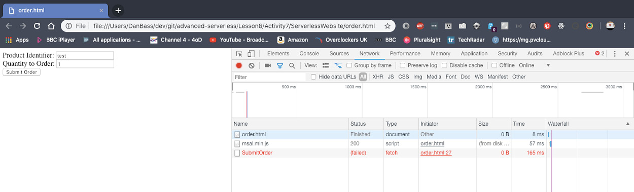 Figure 6.64: Failed request to order api