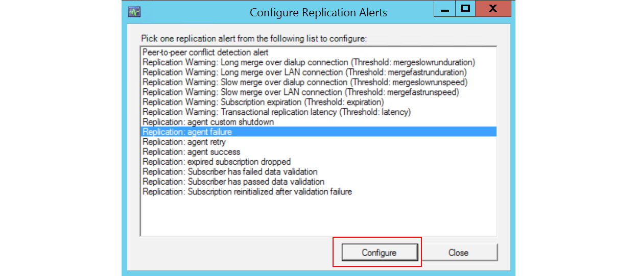 Figure 3.70: The Configure Replication Alerts dialog box