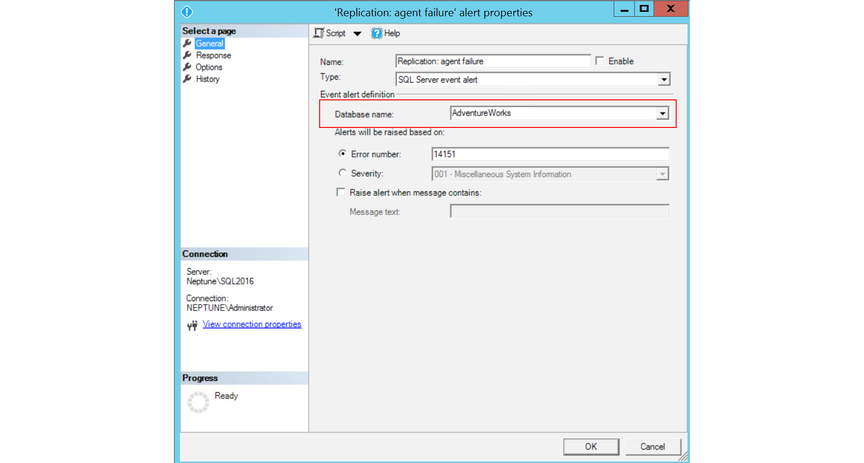 Figure 3.71: The Replication: agent failure alert properties window