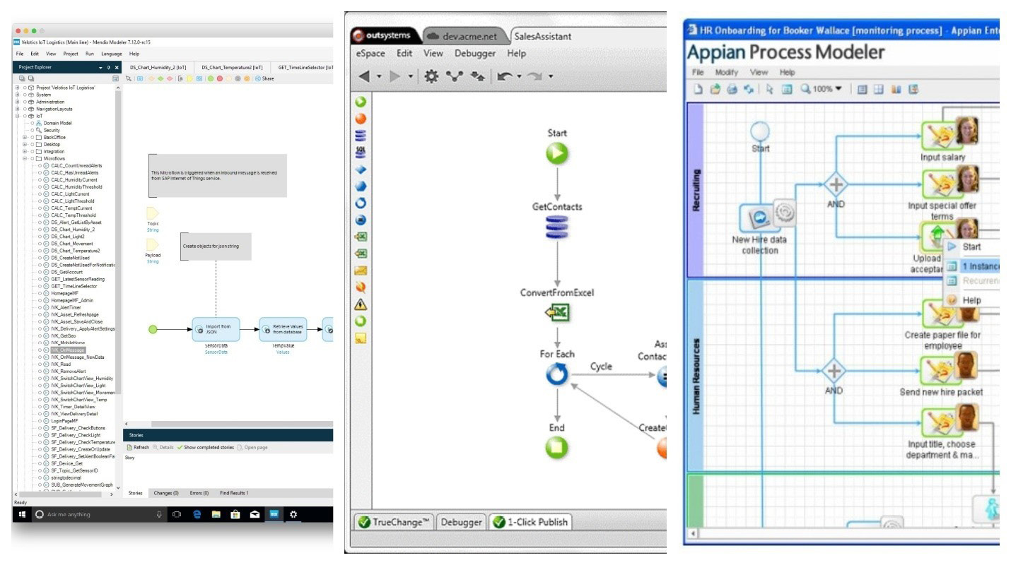 Figure 1.2 – Platform examples from left to right: Mendix, OutSystems, Appian

