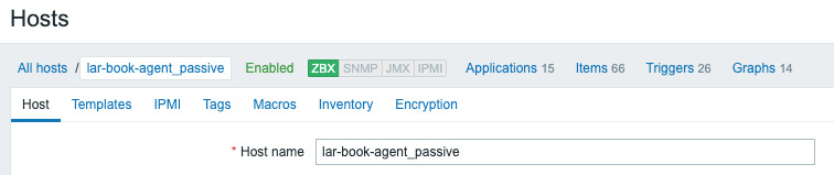 Figure 2.5 – The Zabbix host configuration page for host lar-book-agent_passive
