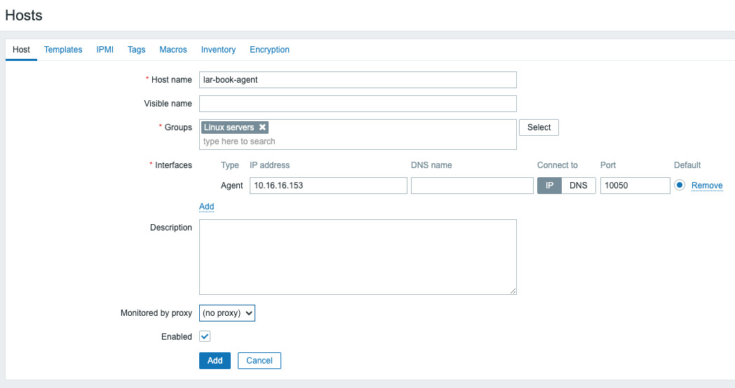 Figure 2.6 – The Zabbix host configuration page for host lar-book-agent
