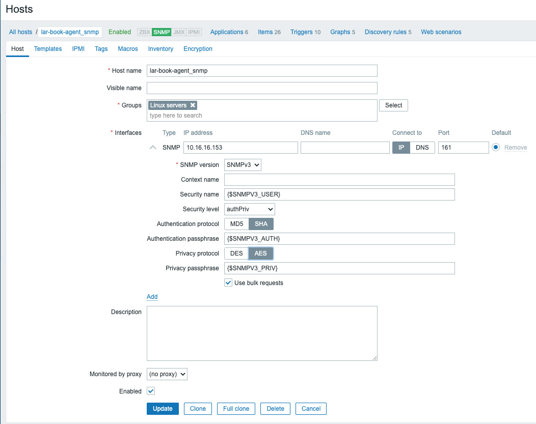 Figure 2.11 – Zabbix host configuration page for host lar-book-agent_snmp
