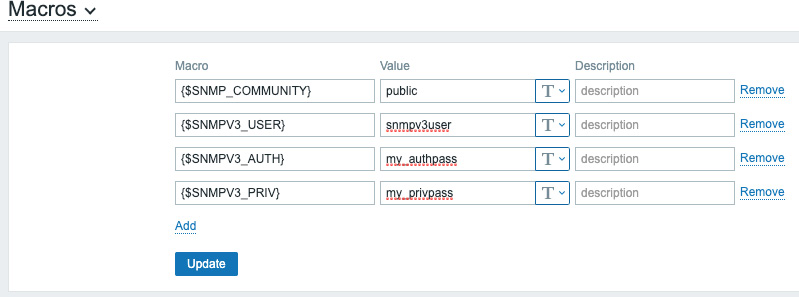 Figure 2.13 – Zabbix global macro page with SNMP macros
