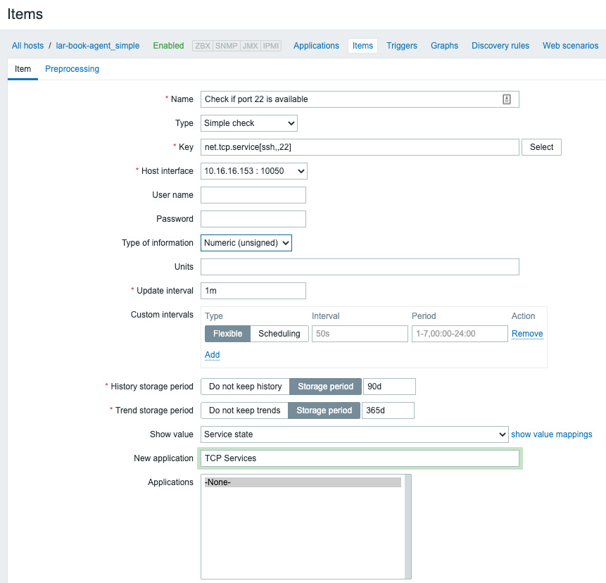 Figure 2.18 – Zabbix item port 22 check configuration page for host lar-book-agent_simple
