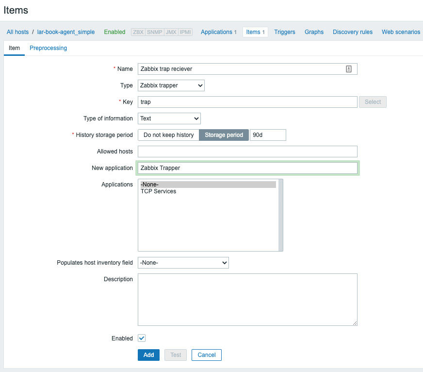 Figure 2.20 – Zabbix item trap receiver configuration screen for host lar-book-agent_simple
