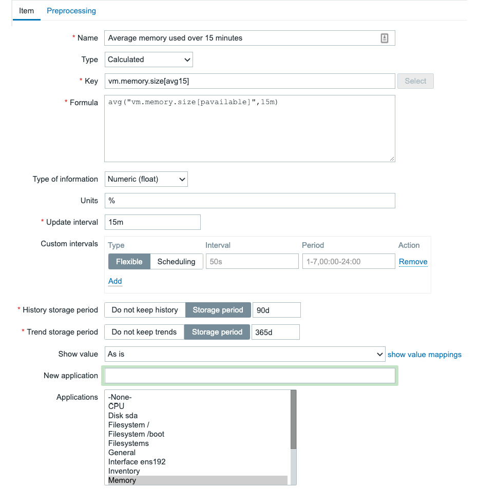 Figure 2.25 – Zabbix item configuration page, average memory used
