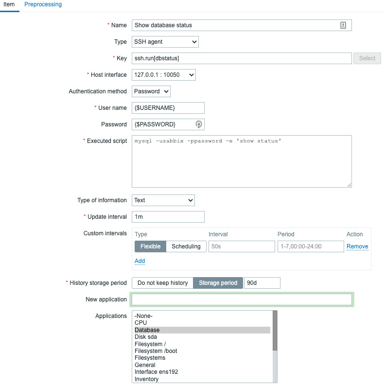 Figure 2.27 – Zabbix item configuration page, database status
