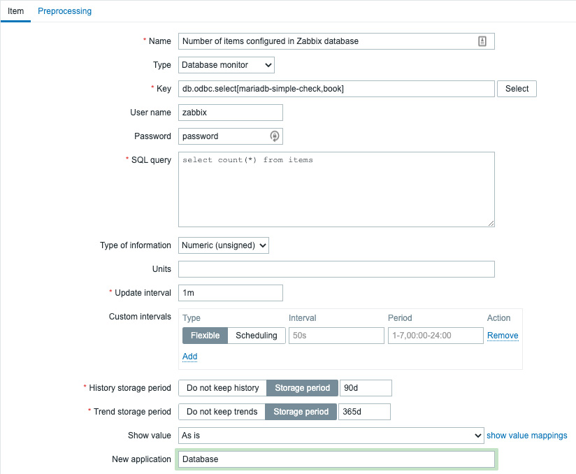 Figure 2.41 – Zabbix item configuration page, items in Zabbix database
