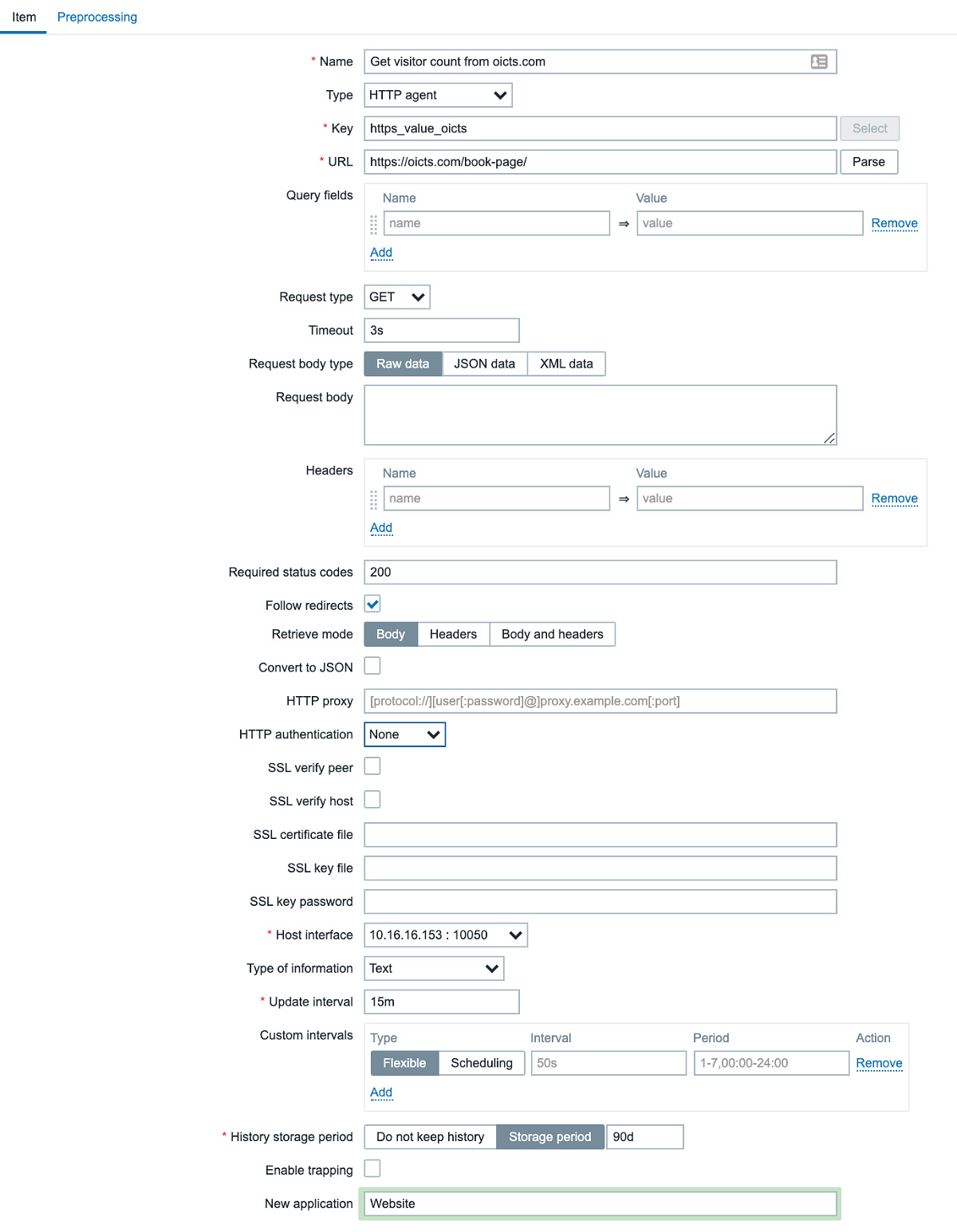 Figure 2.44 – Zabbix Item configuration page, visitor count on oicts.com page
