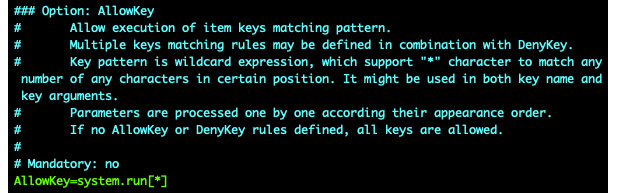 Figure 2.50 – Zabbix agent configuration file, AllowKey system.run
