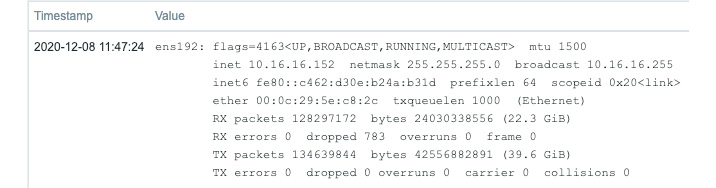 Figure 2.51 – Zabbix agent system.run command executing 'ifconfig ens192' results
