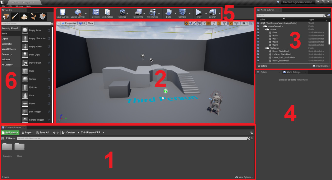 Figure 1.1: The Unreal Engine editor divided in its six main windows
