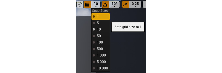 Figure 1.15: The grid snapping icons for moving, rotating, and scaling
