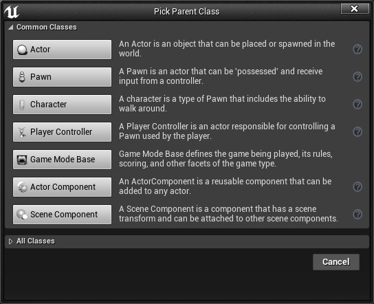 Figure 1.19: The Pick Parent Class window that pops up when you 
create a new Blueprint class
