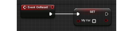 Figure 1.22: The output execution pin of the Event OnReset node being connected 
to the input execution pin of the setter node for MyVar
