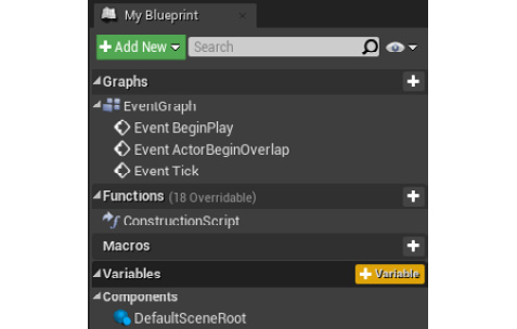 Figure 1.24: The + Variable button being highlighted in the My Blueprint window, which allows you to create a new Blueprint variable
