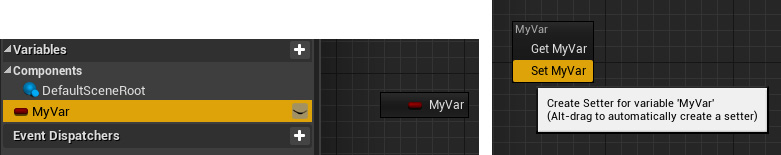 Figure 1.28: Dragging the MyVar into the Event Graph window and choosing 
whether to add a getter or setter
