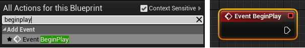 Figure 1.37: The BeginPlay event being added to the Event Graph window through the Blueprint Actions menu