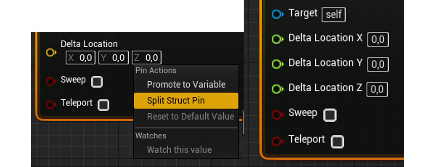 Figure 1.40: The Delta Location parameter being split from a vector into three floats
