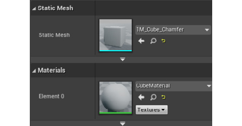 Figure 1.47: The Static Mesh and Materials (Element 0) properties of the Cube
object's Static Mesh component