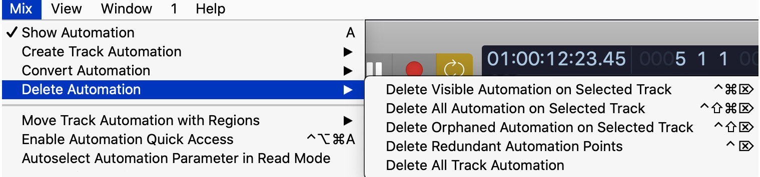 Figure 15.21 – Automation deletion options in the Mix menu