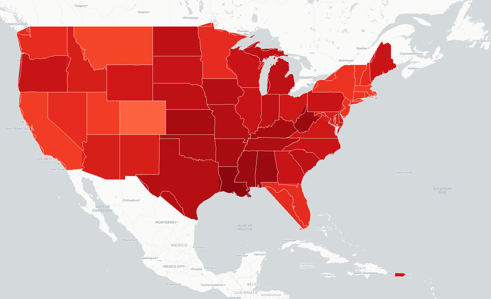 Figure 2.40: Choropleth map showing a weather forecast for the USA
