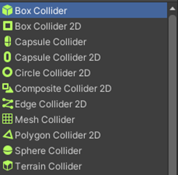 Figure 1.8 Collider Component Options