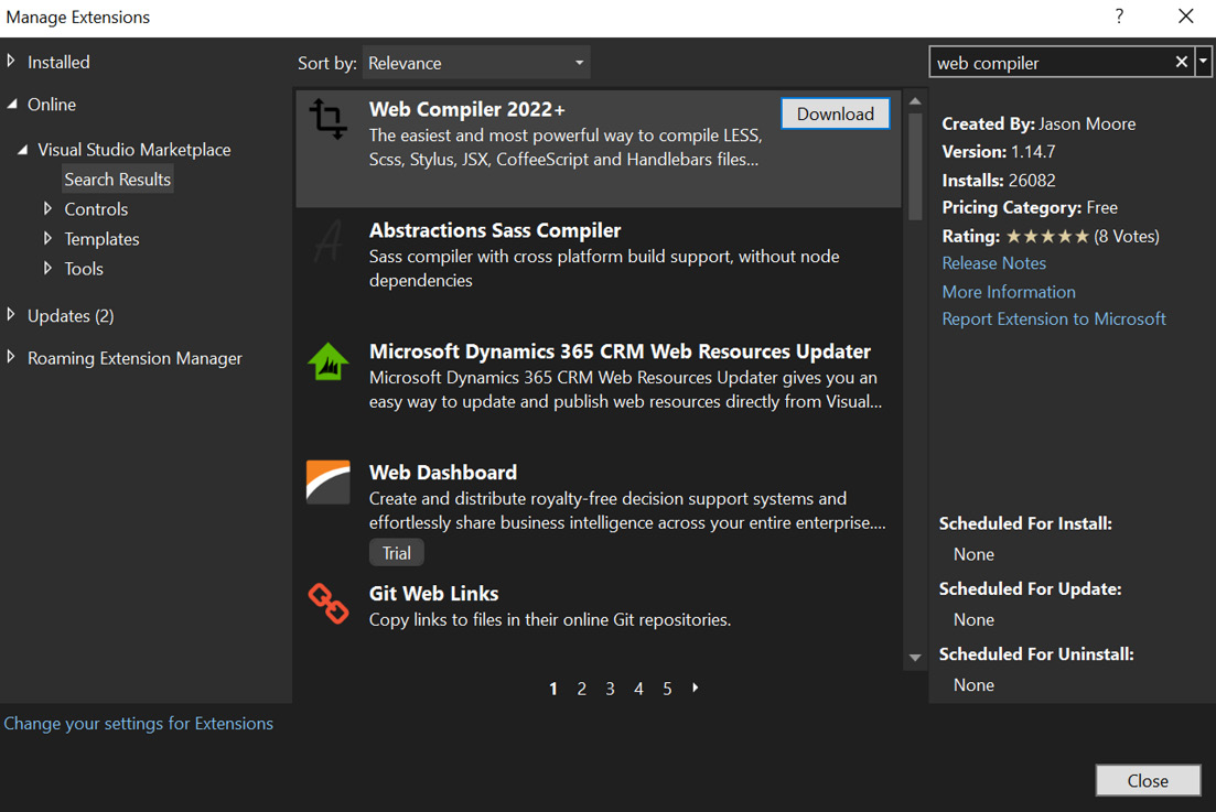Figure 14.14 – Searching for Web Compiler in Manage Extensions