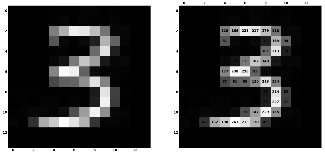 Figure 2.1: Image representation without and with pixel values