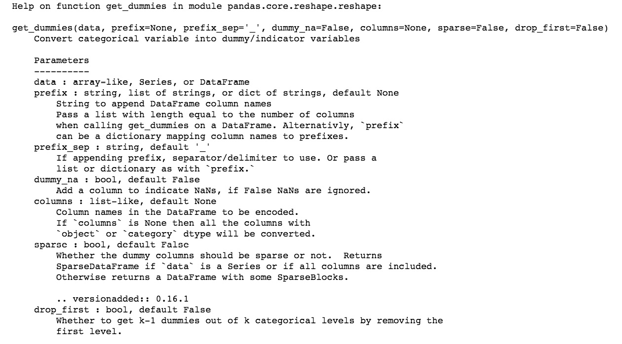 Figure 1.15: The output of help command applied to the pd.get_dummies function